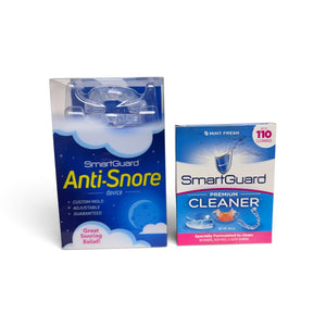 SmartGuard Anti-Snore device box beside SmartGuard Premium Cleaner box on white background