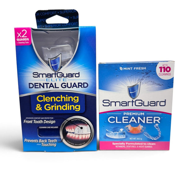 SmartGuard Elite Dental Guard box beside SmartGuard Premium Cleaner box on white background