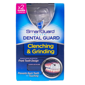 SmartGuard Elite Dental Guard retail box labeled for clenching and grinding, showing two guards and cleaning case