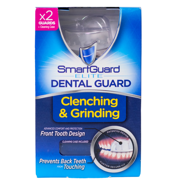 SmartGuard Elite Dental Guard retail box labeled for clenching and grinding, showing two guards and cleaning case