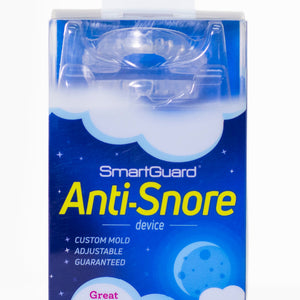 SmartGuard Anti-Snore device retail box with clear window showing the mouthpiece inside