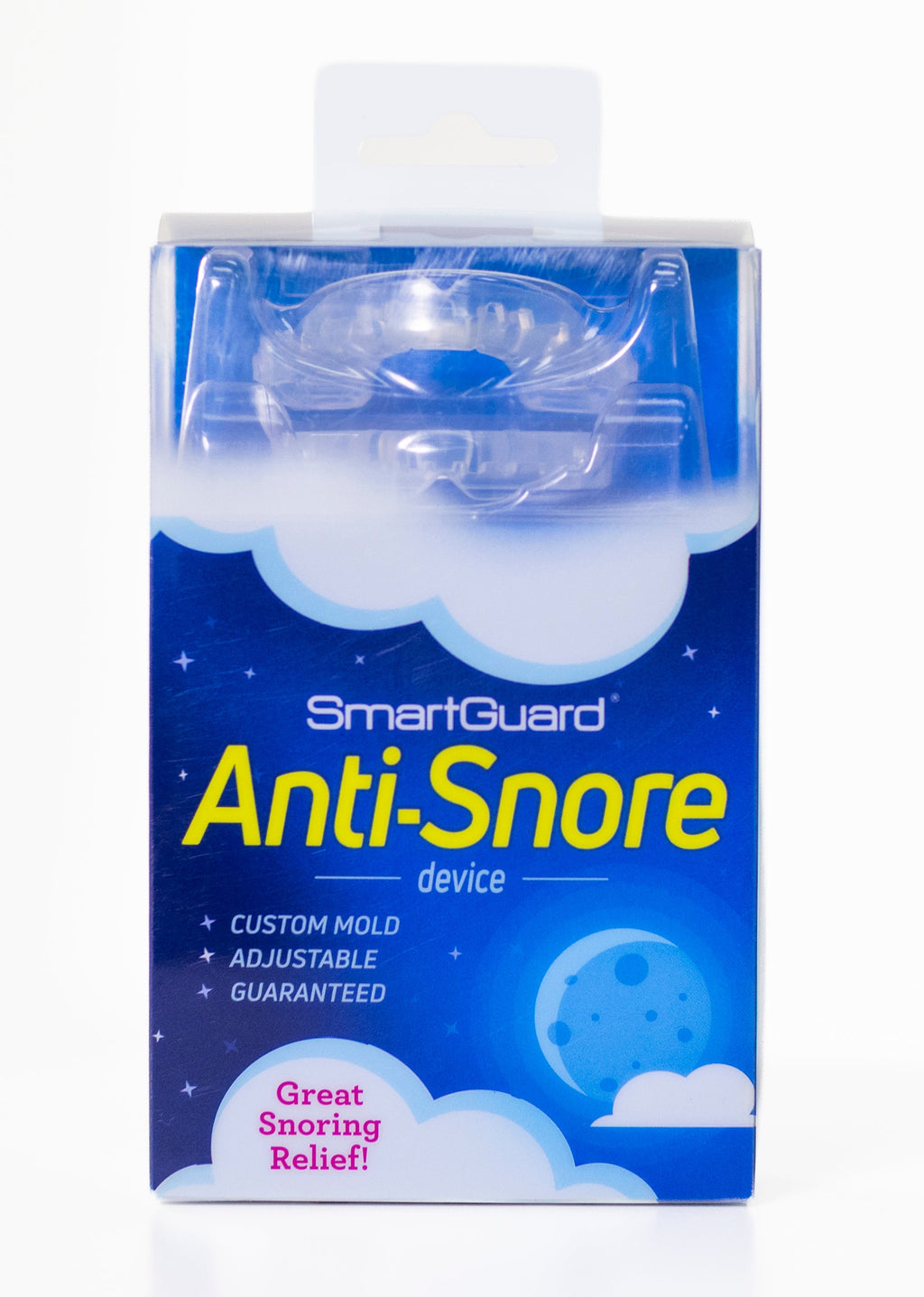 SmartGuard Anti-Snore device retail box with clear window showing the mouthpiece inside