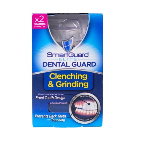 SmartGuard Elite Dental Guard retail box labeled for clenching and grinding, showing two guards and cleaning case