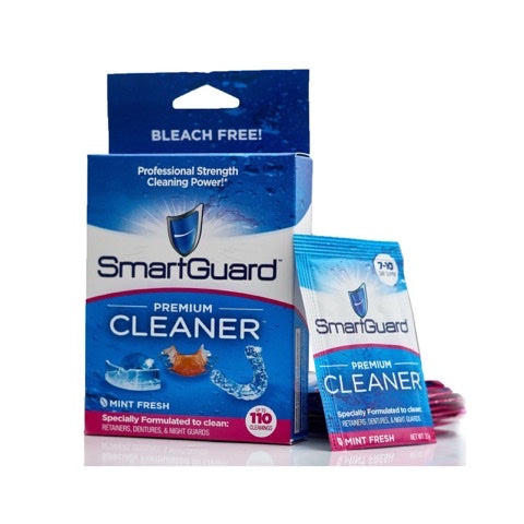 SmartGuard Premium Cleaner retail box and mint-fresh packet, labeled bleach-free for retainers, dentures, and night guards